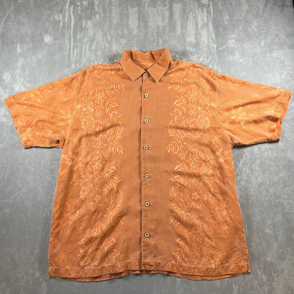 Tommy Bahama Mens XL 100% Silk Button Down Shirt Burnt Orange Floral Jacquard